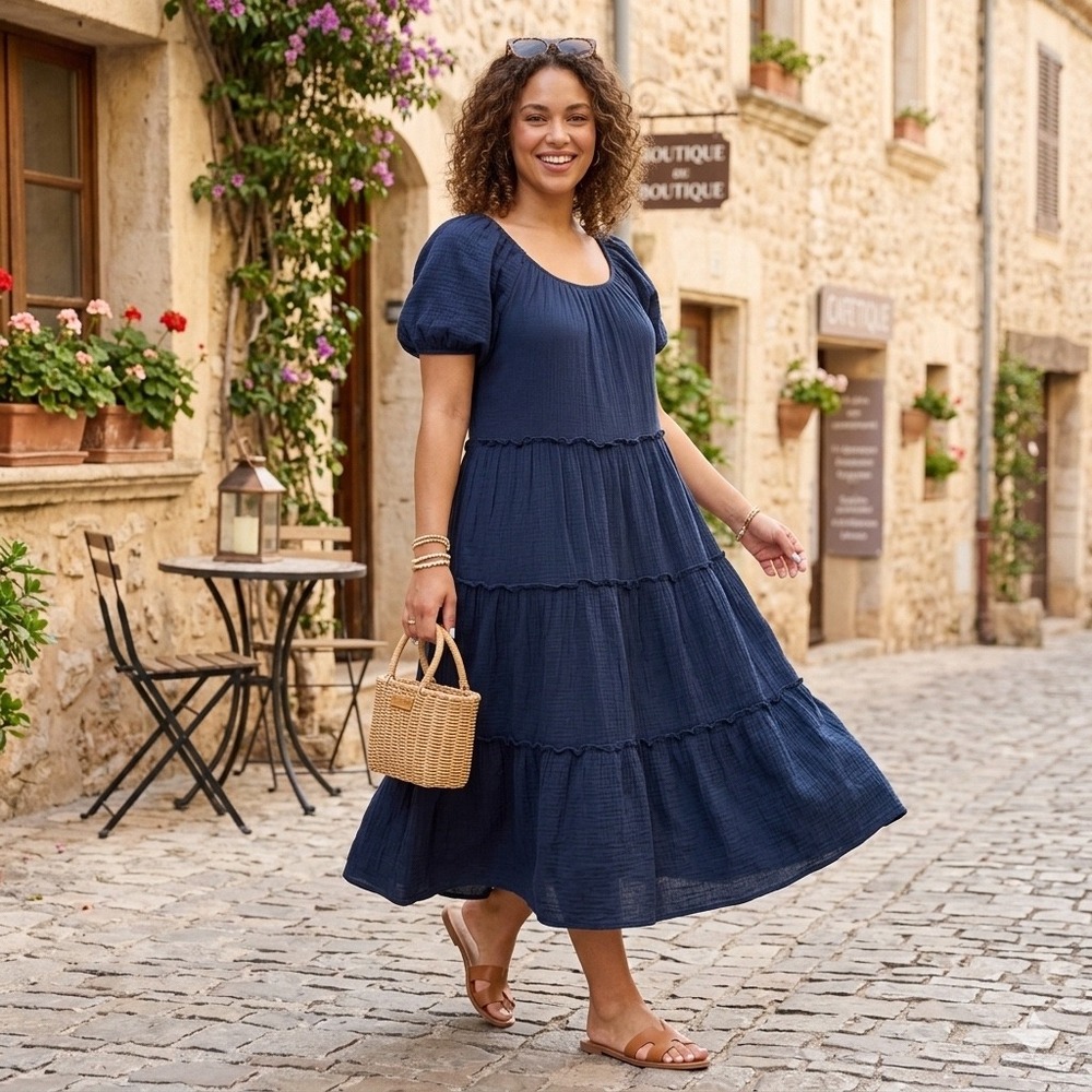 London Times Navy Blue Tiered Gauze Puff Sleeve Midi Dress Womens Size 6 Boho